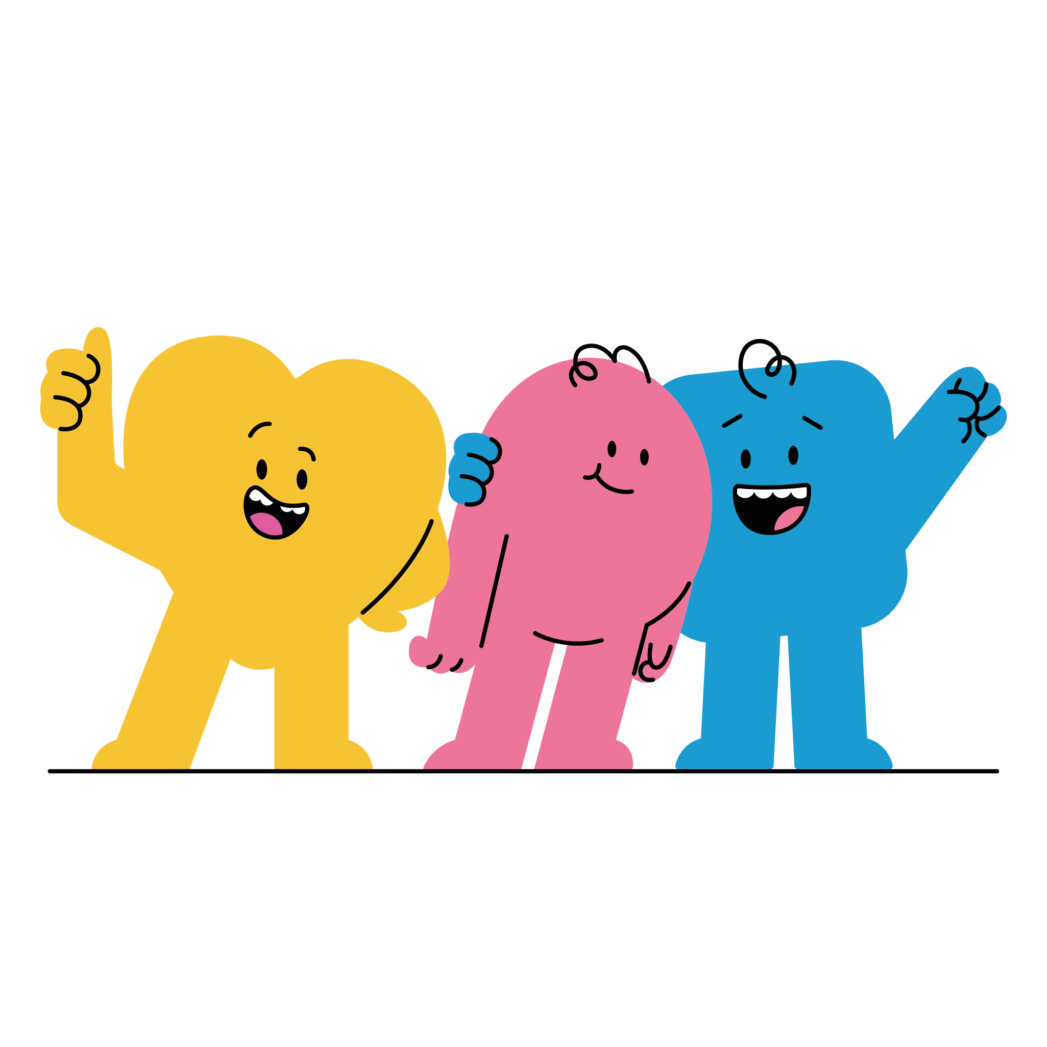 Yellow, Pink & Blue Character Together